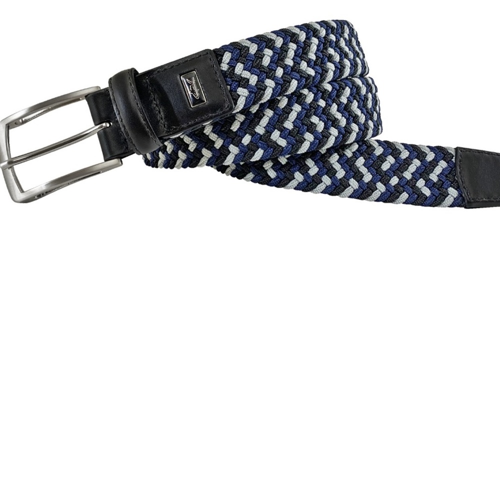 Greg Norman Collection Braided Stretch Belt Leather Trim Navy Gray Black